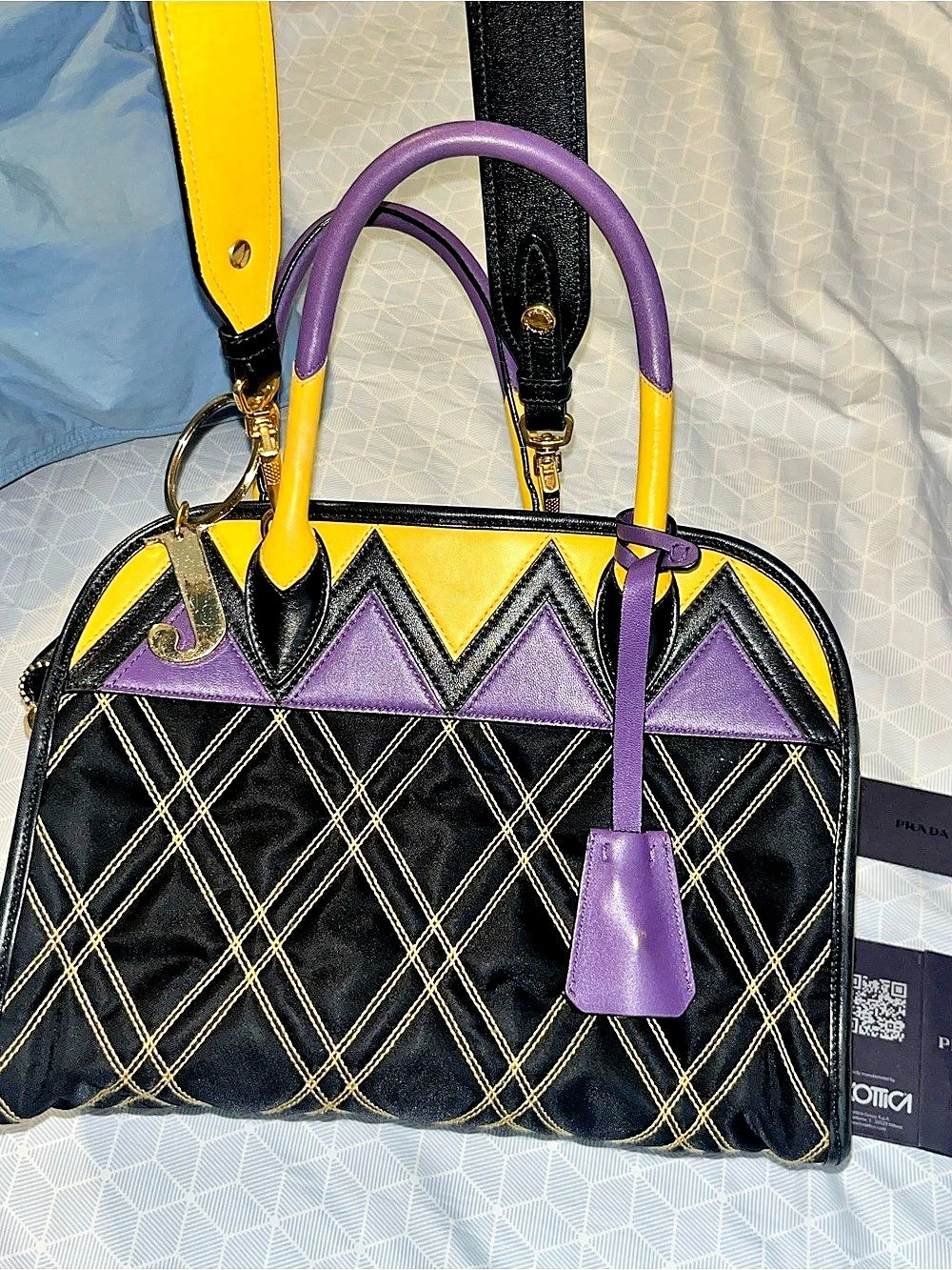 Prada Geometric Satchel in Black & Purple Excellent Preowned Condition. - Picture 2 of 12